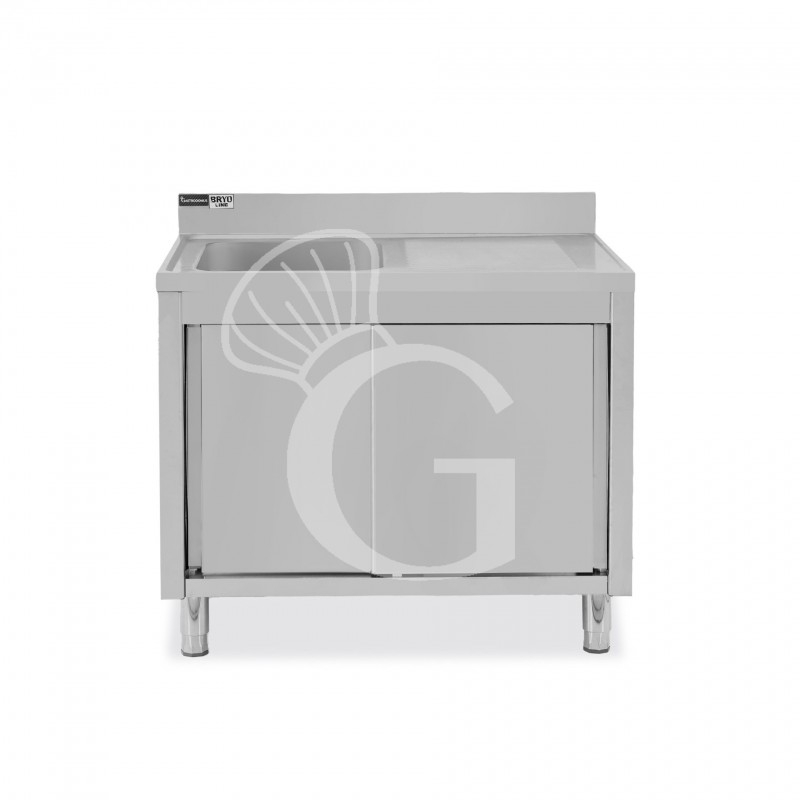 Lavello inox armadiato con porte scorrevoli,1vasca,gocciolatoio a destra,alzatina,L1100xP600xH965mm-con foro rubinetto Ø 32 mm Lavello inox armadiato con porte scorrevoli,1vasca,gocciolatoio a destra,alzatina,L1100xP600xH965mm-con foro rubinetto Ø 32 mm