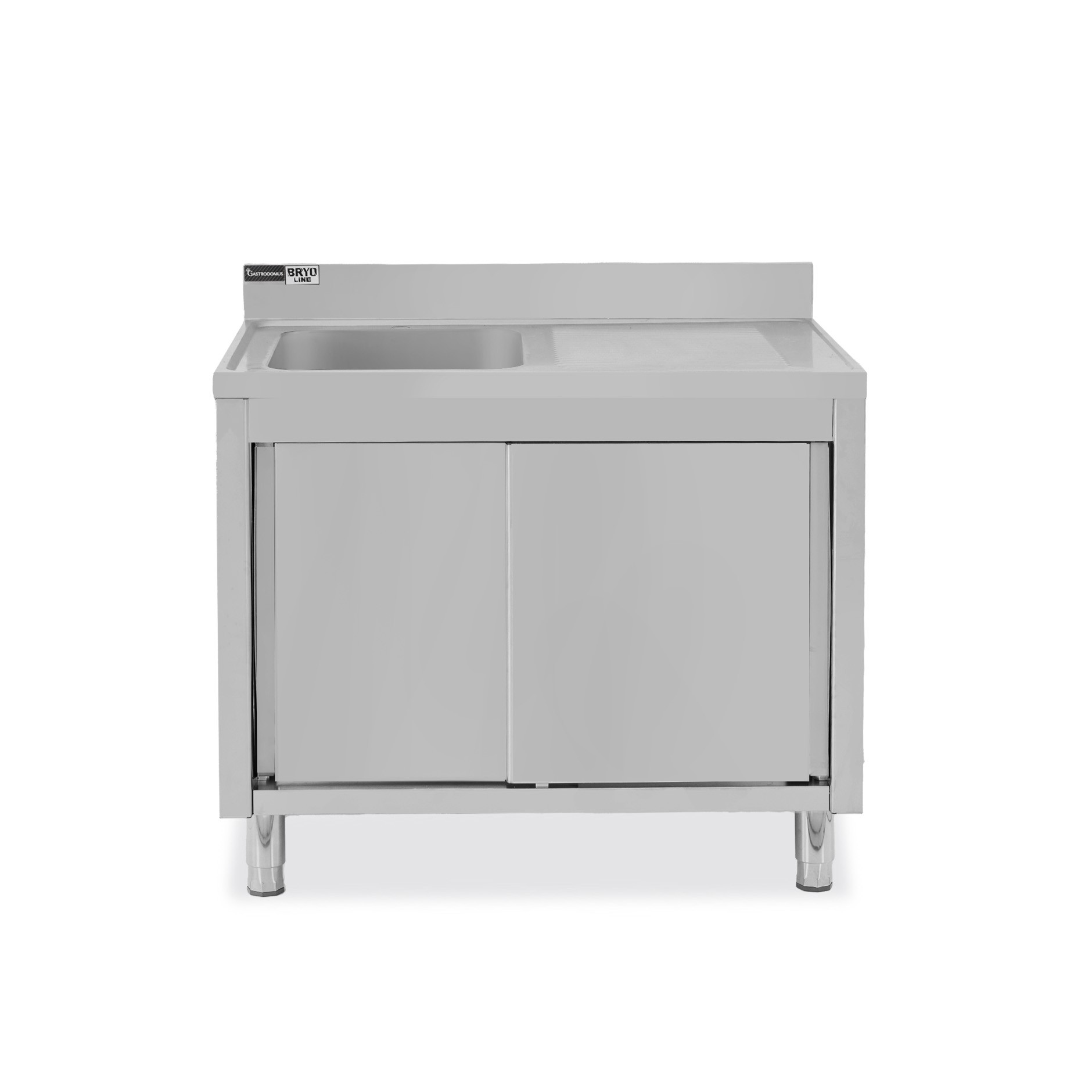 Lavello inox armadiato con porte scorrevoli,1vasca,gocciolatoio a destra,alzatina,L1100xP600xH965mm-con foro rubinetto Ø 32 mm