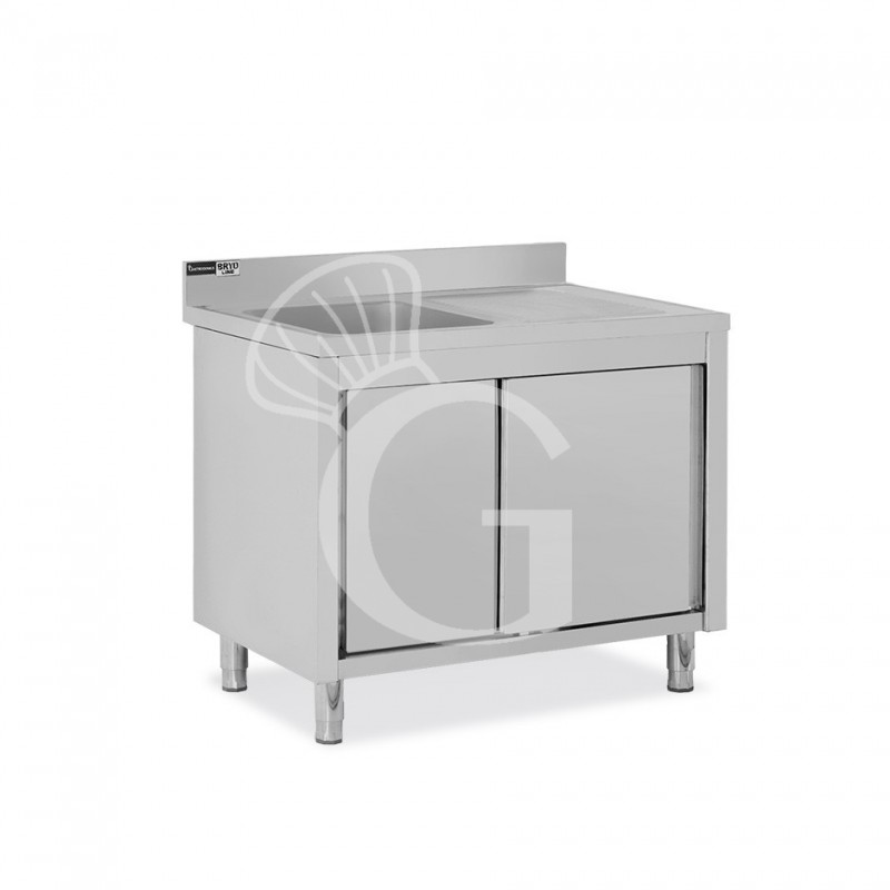 Lavello inox armadiato con porte scorrevoli,1vasca,gocciolatoio a destra,alzatina,L1100xP600xH965mm-con foro rubinetto Ø 32 mm
