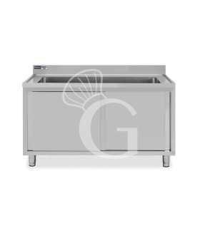 Lavapentole armadiato in acciaio inox,porte scorrevoli,alzatina,1 vasca, L 1600 x P 600 x H 965 mm - con foro rubinetto Ø 32 mm