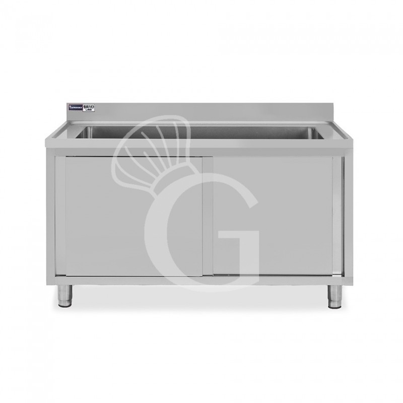 Lavapentole armadiato in acciaio inox,porte scorrevoli,alzatina,1 vasca, L 1600 x P 600 x H 965 mm - con foro rubinetto Ø 32 mm