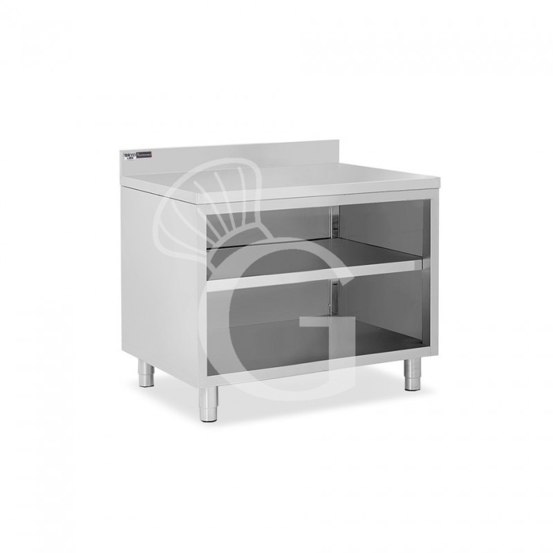 Tavolo a giorno in acciaio inox con 2 ripiani, alzatina L 1000 mm x P 600 mm x H 965 mm