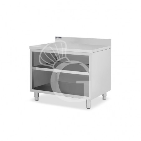 Tavolo a giorno in acciaio inox con 2 ripiani, alzatina L 1000 mm x P 700 mm x H 965 mm Tavolo a giorno in acciaio inox con 2 ripiani, alzatina L 1000 mm x P 700 mm x H 965 mm