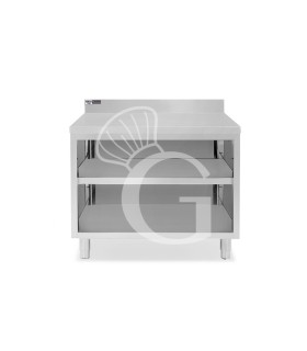 Tavolo a giorno in acciaio inox con 2 ripiani, alzatina L 1000 mm x P 700 mm x H 965 mm
