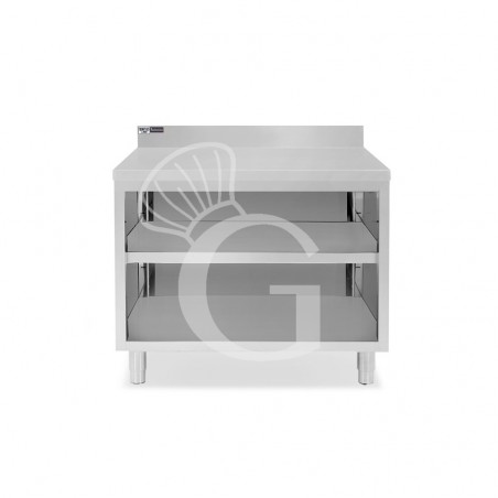 Tavolo a giorno in acciaio inox con 2 ripiani, alzatina L 1000 mm x P 700 mm x H 965 mm Tavolo a giorno in acciaio inox con 2 ripiani, alzatina L 1000 mm x P 700 mm x H 965 mm