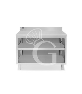 Tavolo a giorno in acciaio inox con 2 ripiani, alzatina L 1200 mm x P 600 mm x H 965 mm