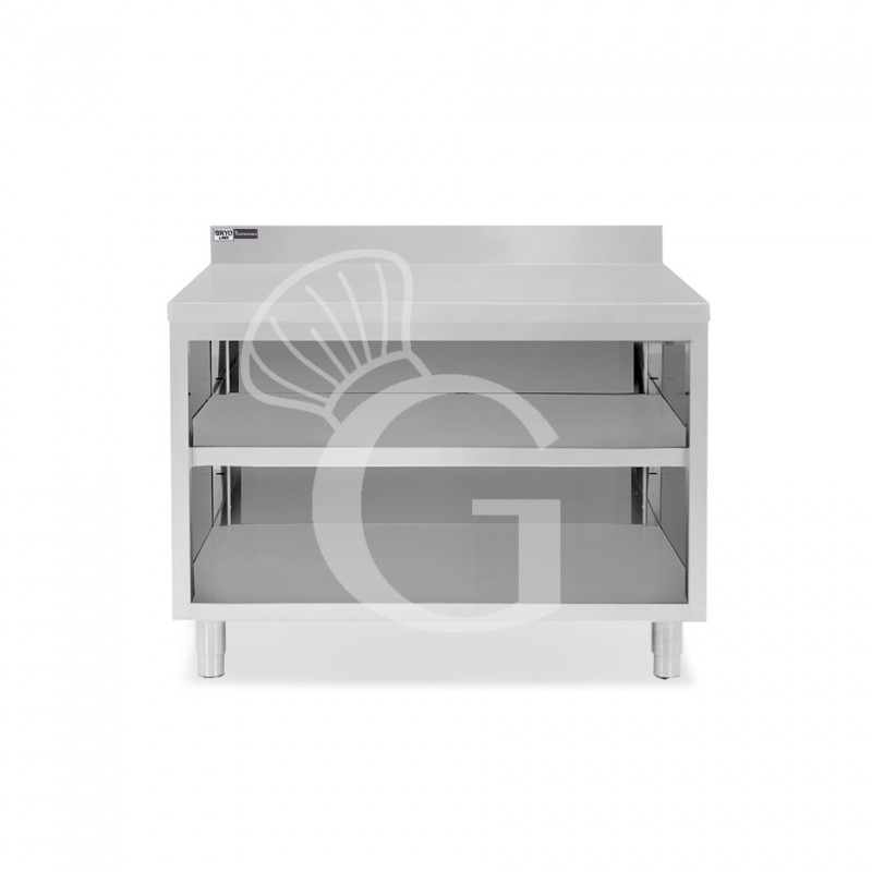 Tavolo a giorno in acciaio inox con 2 ripiani, alzatina L 1200 mm x P 700 mm x H 965 mm