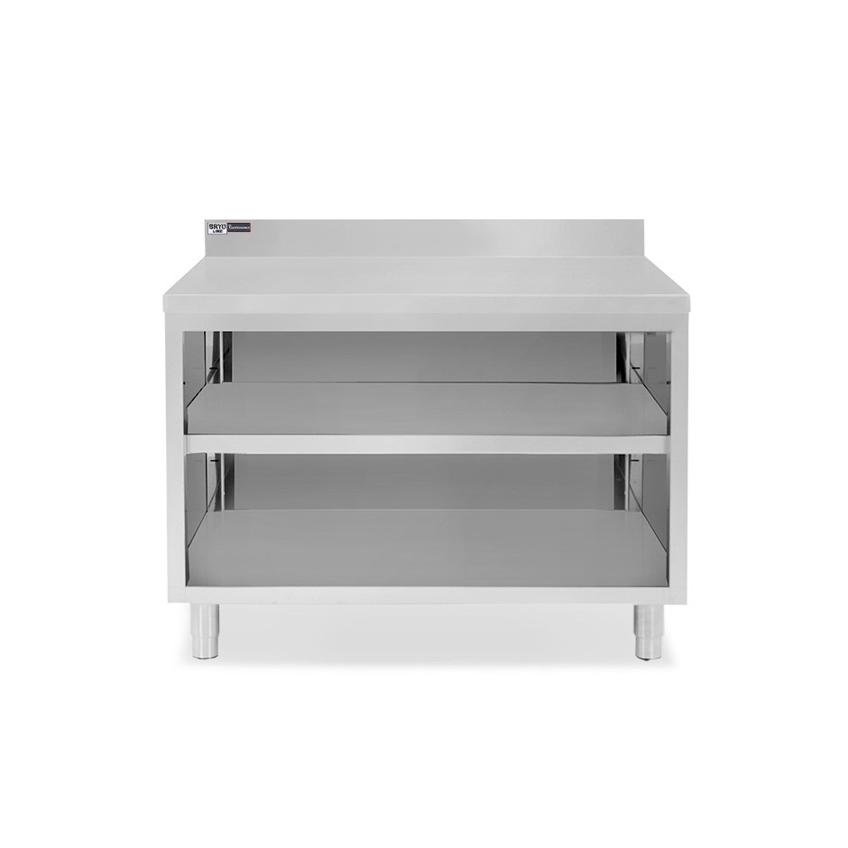 Tavolo a giorno in acciaio inox con 2 ripiani, alzatina L 1200 mm x P 700 mm x H 965 mm
