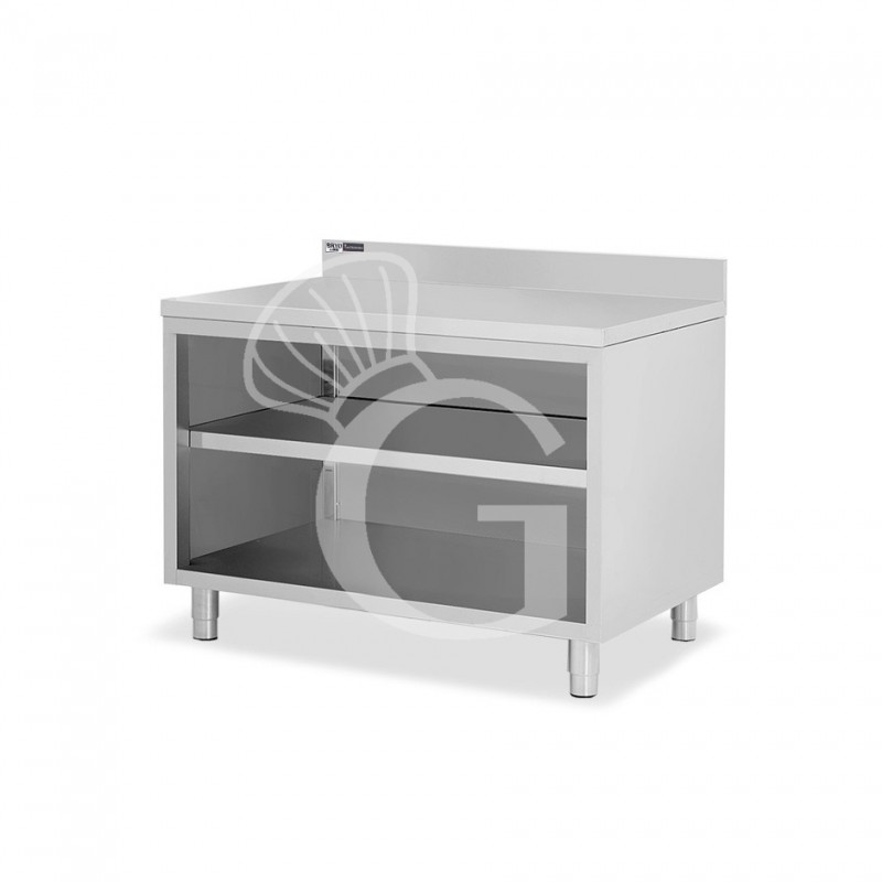 Tavolo a giorno in acciaio inox con 2 ripiani, alzatina L 1300 mm x P 600 mm x H 965 mm