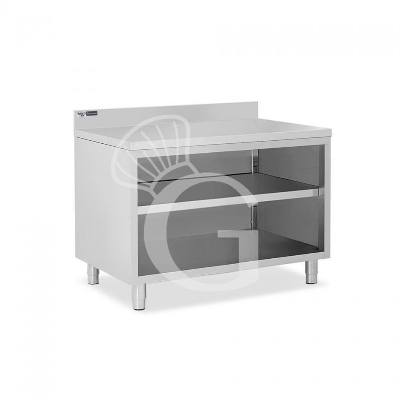 Tavolo a giorno in acciaio inox con 2 ripiani, alzatina L 1300 mm x P 700 mm x H 965 mm