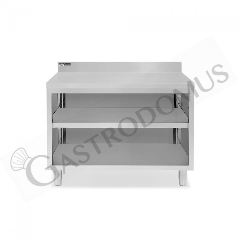 Tavolo a giorno in acciaio inox con 2 ripiani, alzatina L 1300 mm x P 700 mm x H 965 mm Tavolo a giorno in acciaio inox con 2 ripiani, alzatina L 1300 mm x P 700 mm x H 965 mm