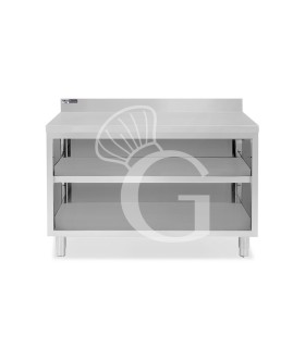 Tavolo a giorno in acciaio inox con 2 ripiani, alzatina L 1500 mm x P 600 mm x H 965 mm