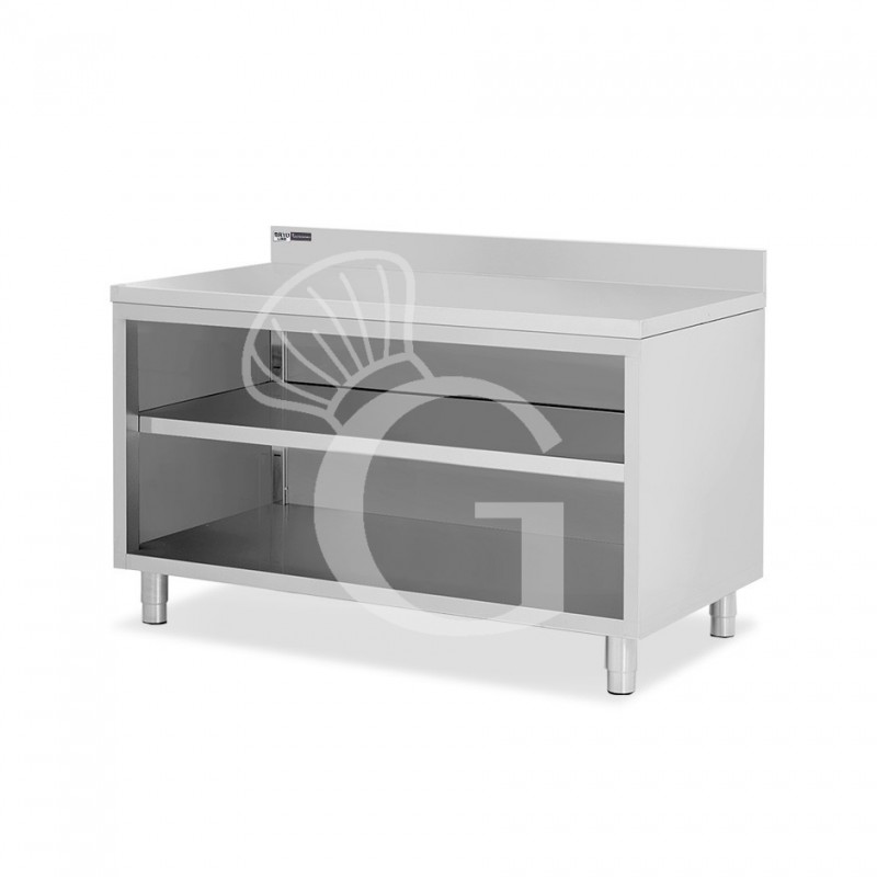 Tavolo a giorno in acciaio inox con 2 ripiani, alzatina L 1600 mm x P 700 mm x H 965 mm
