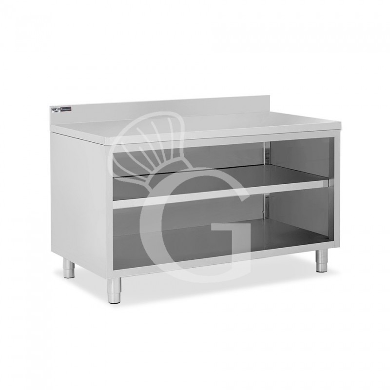 Tavolo a giorno in acciaio inox con 2 ripiani, alzatina L 1600 mm x P 700 mm x H 965 mm