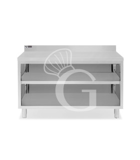 Tavolo a giorno in acciaio inox con 2 ripiani, alzatina L 1600 mm x P 700 mm x H 965 mm