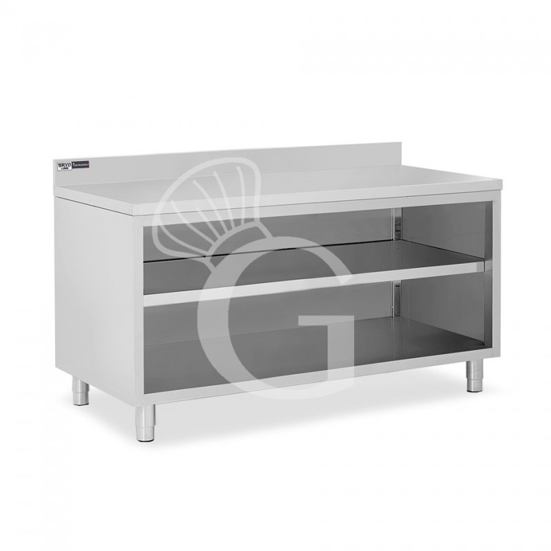Tavolo a giorno in acciaio inox con 2 ripiani, alzatina L 1800 mm x P 600 mm x H 965 mm