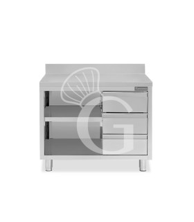 Tavolo a giorno in acciaio inox,3 cassetti a destra, alzatina, L 1000 mm x P600 mm x H 950 mm