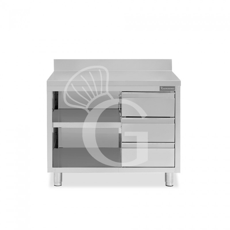 Tavolo a giorno in acciaio inox,3 cassetti a destra, alzatina, L 1200 mm x P600 mm x H 950 mm Tavolo a giorno in acciaio inox,3 cassetti a destra, alzatina, L 1200 mm x P600 mm x H 950 mm