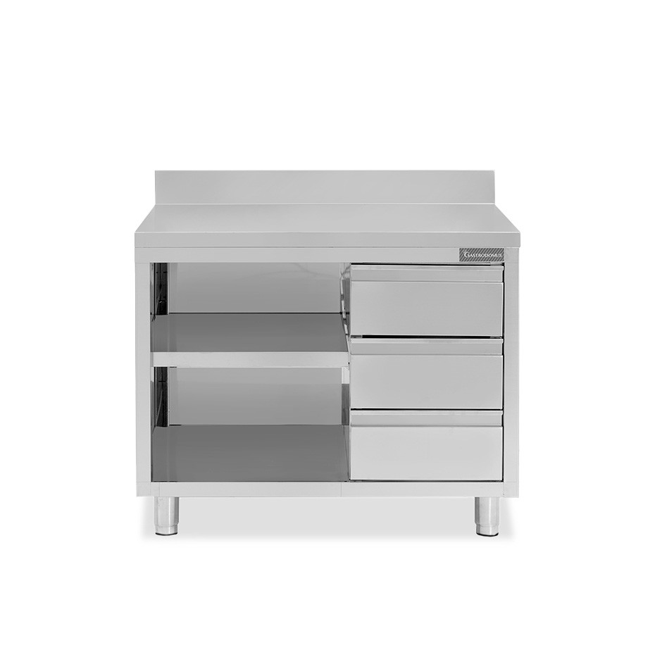 Tavolo a giorno in acciaio inox,3 cassetti a destra, alzatina, L 1200 mm x P600 mm x H 950 mm