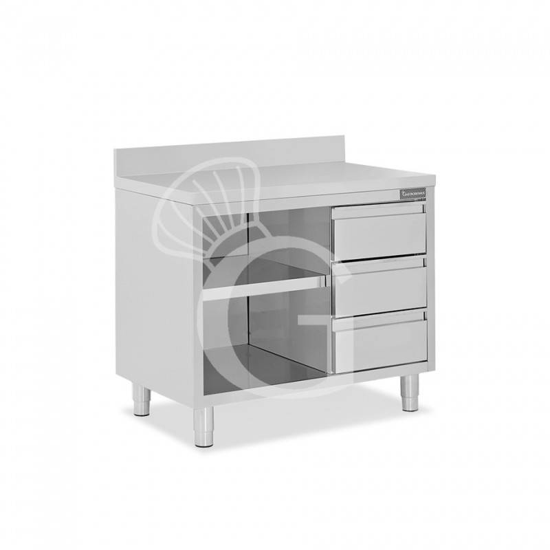 Tavolo a giorno in acciaio inox,3 cassetti a destra, alzatina, L 1200 mm x P600 mm x H 950 mm