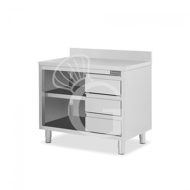 Tavolo a giorno in acciaio inox,3 cassetti a destra, alzatina, L 1000 mm x P 700 mm x H 950 mm