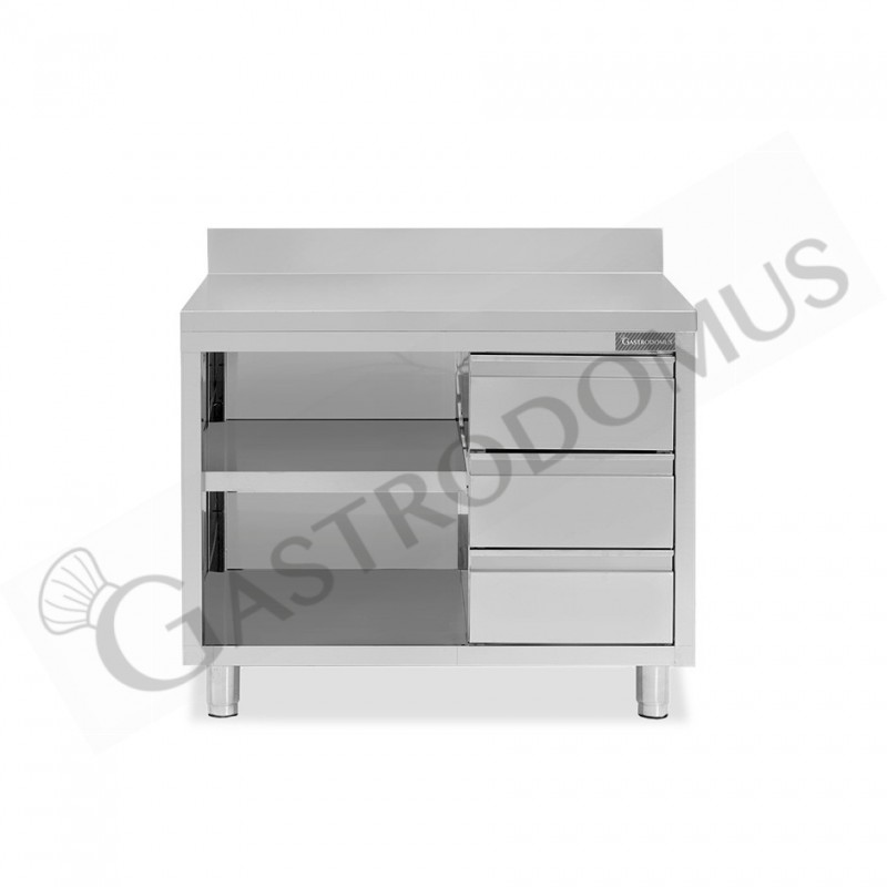 Tavolo a giorno in acciaio inox,3 cassetti a destra, alzatina, L 1000 mm x P 700 mm x H 950 mm Tavolo a giorno in acciaio inox,3 cassetti a destra, alzatina, L 1000 mm x P 700 mm x H 950 mm