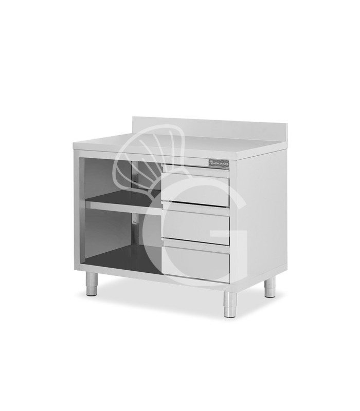 Tavolo a giorno in acciaio inox,3 cassetti a destra, alzatina, L 1200 mm x P 700 mm x H 950 mm
