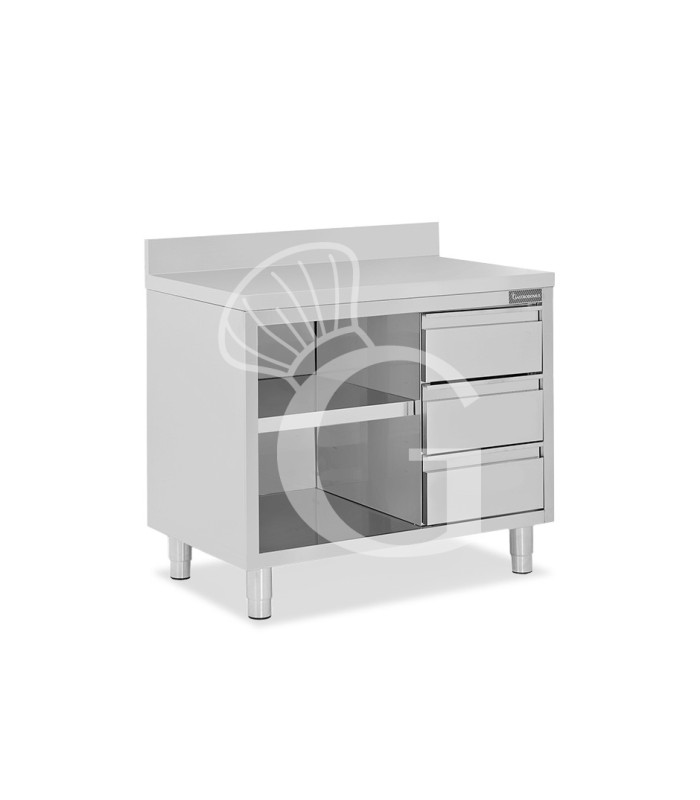 Tavolo a giorno in acciaio inox,3 cassetti a destra, alzatina, L 1200 mm x P 700 mm x H 950 mm
