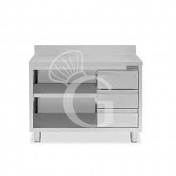 Tavolo a giorno in acciaio inox,3 cassetti a destra, alzatina, L 1500 mm x P 700 mm x H 950 mm