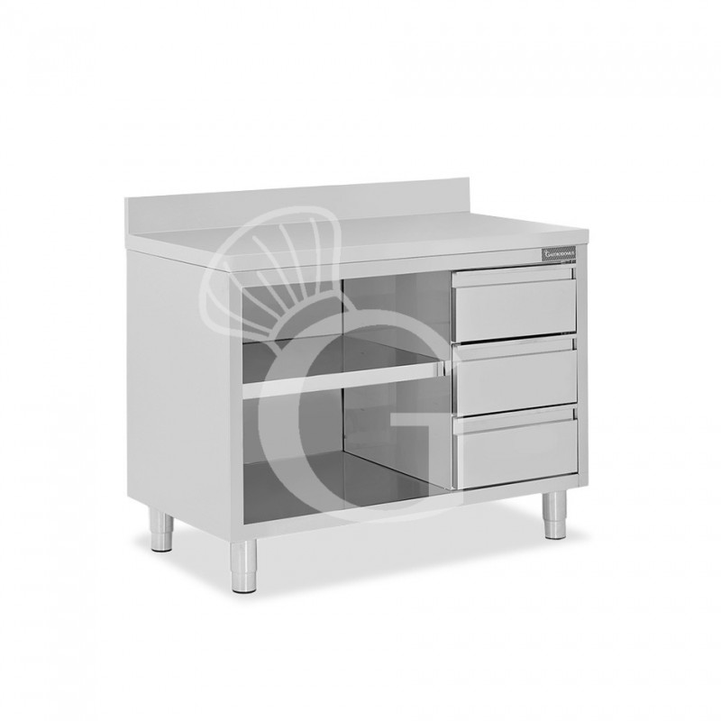 Tavolo a giorno in acciaio inox,3 cassetti a destra, alzatina, L 1500 mm x P 700 mm x H 950 mm