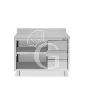 Tavolo a giorno in acciaio inox,3 cassetti a destra, alzatina, L 1500 mm x P600 mm x H 950 mm