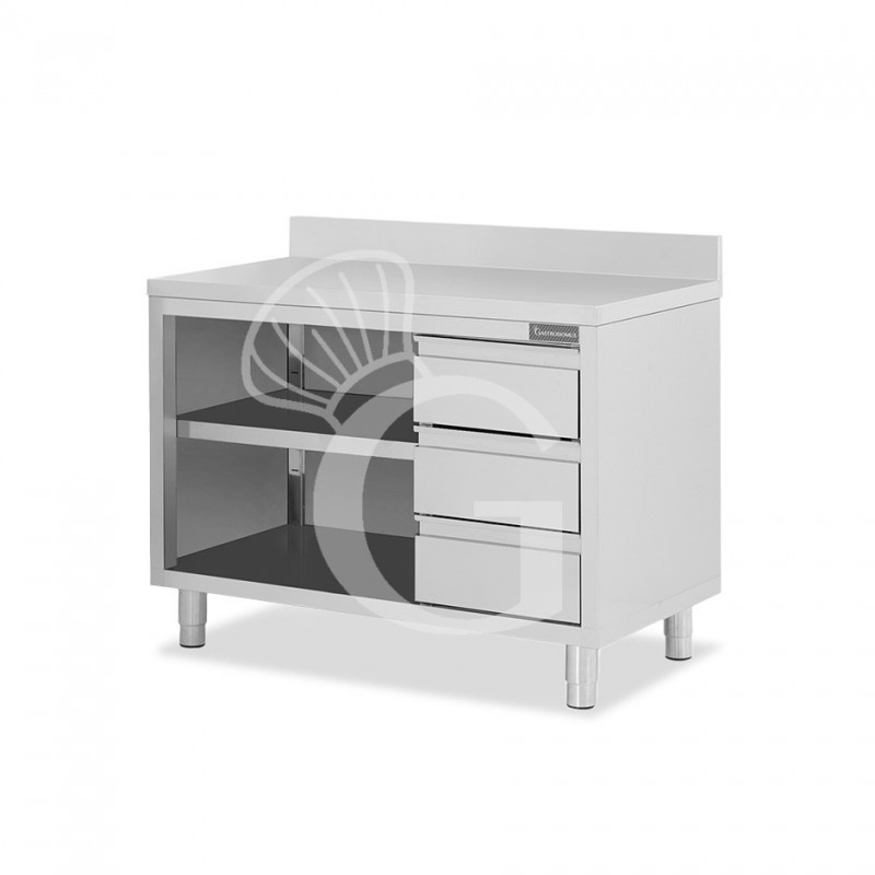 Tavolo a giorno in acciaio inox,3 cassetti a destra, alzatina, L 1400 mm x P 700 mm x H 950 mm