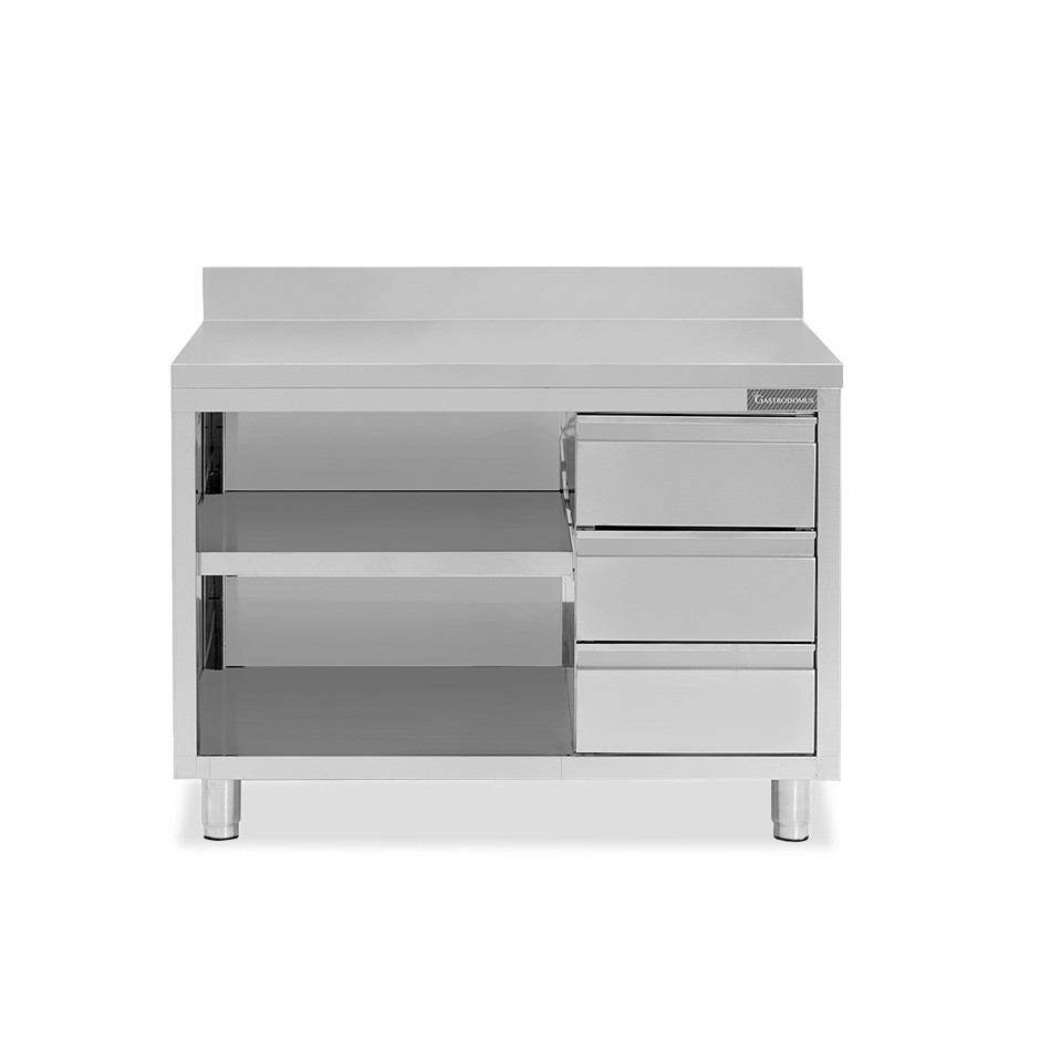 Tavolo a giorno in acciaio inox,3 cassetti a destra, alzatina, L 1400 mm x P 700 mm x H 950 mm