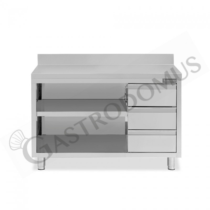 Tavolo a giorno in acciaio inox,3 cassetti a destra, alzatina, L 1600 mm x P 700 mm x H 950 mm Tavolo a giorno in acciaio inox,3 cassetti a destra, alzatina, L 1600 mm x P 700 mm x H 950 mm