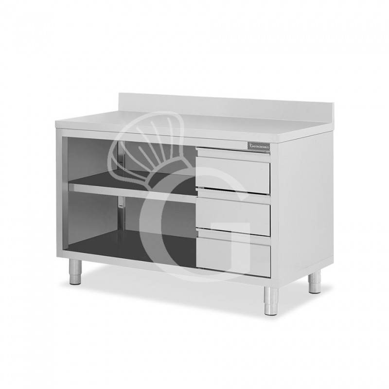 Tavolo a giorno in acciaio inox,3 cassetti a destra, alzatina, L 1600 mm x P600 mm x H 950 mm