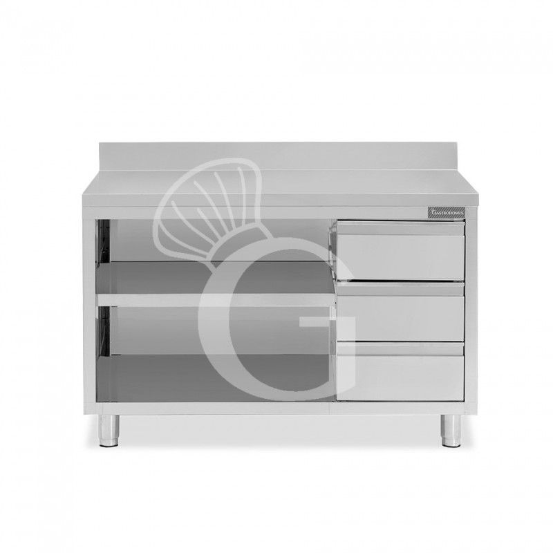 Tavolo a giorno in acciaio inox,3 cassetti a destra, alzatina, L 1600 mm x P600 mm x H 950 mm Tavolo a giorno in acciaio inox,3 cassetti a destra, alzatina, L 1600 mm x P600 mm x H 950 mm
