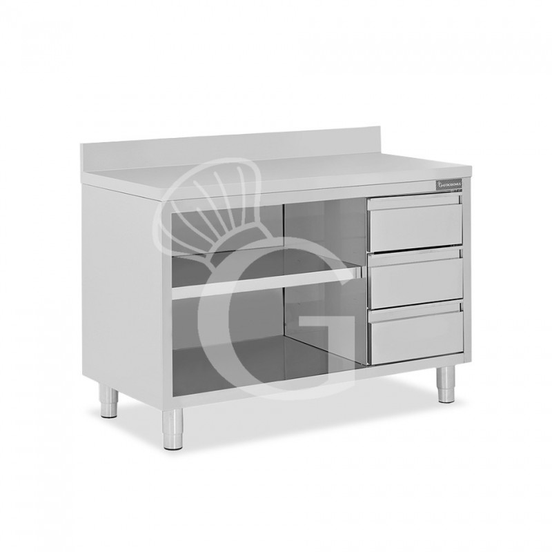 Tavolo a giorno in acciaio inox,3 cassetti a destra, alzatina, L 1600 mm x P600 mm x H 950 mm