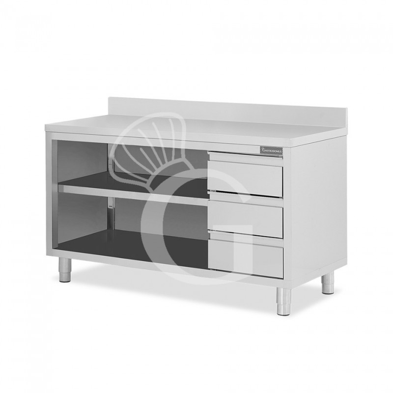 Tavolo a giorno in acciaio inox,3 cassetti a destra, alzatina, L 1800 mm x P600 mm x H 950 mm