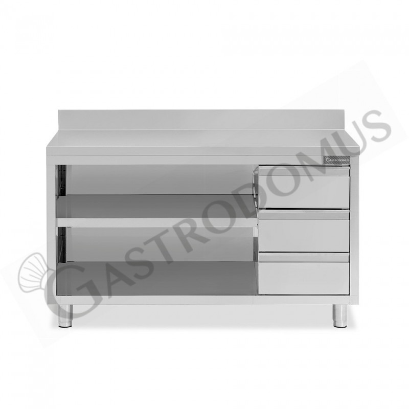Tavolo a giorno in acciaio inox,3 cassetti a destra, alzatina, L 1800 mm x P600 mm x H 950 mm Tavolo a giorno in acciaio inox,3 cassetti a destra, alzatina, L 1800 mm x P600 mm x H 950 mm