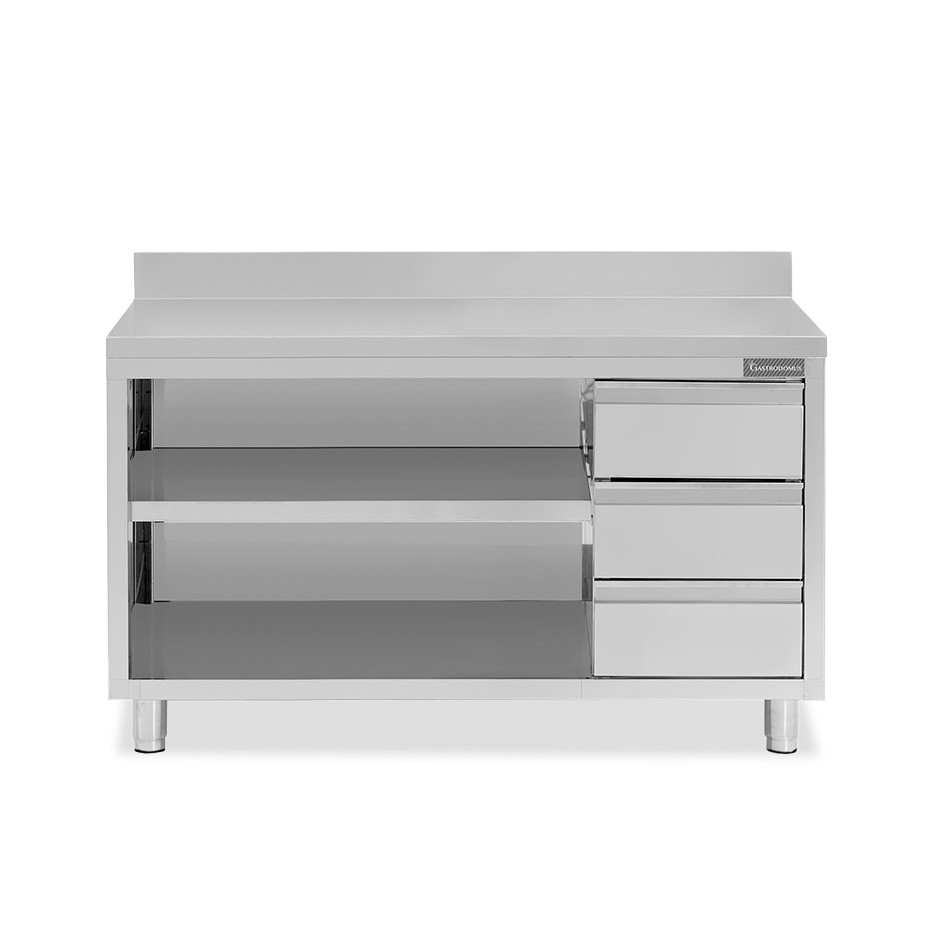 Tavolo a giorno in acciaio inox,3 cassetti a destra, alzatina, L 1800 mm x P600 mm x H 950 mm