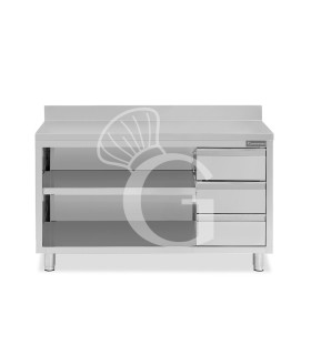 Tavolo a giorno in acciaio inox,3 cassetti a destra, alzatina, L 1800 mm x P 700 mm x H 950 mm