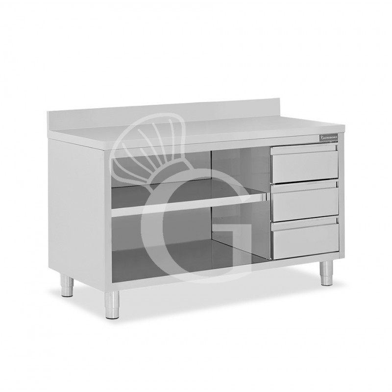 Tavolo a giorno in acciaio inox,3 cassetti a destra, alzatina, L 1800 mm x P 700 mm x H 950 mm
