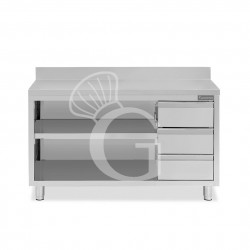 Tavolo a giorno in acciaio inox,3 cassetti a destra, alzatina, L 1900 mm x P 700 mm x H 950 mm