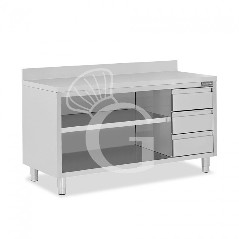 Tavolo a giorno in acciaio inox,3 cassetti a destra, alzatina, L 2100 mm x P 700 mm x H 950 mm