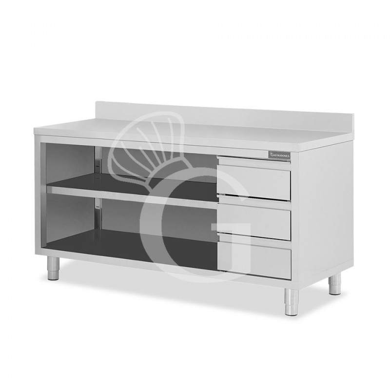 Tavolo a giorno in acciaio inox,3 cassetti a destra, alzatina, L 2000 mm x P 700 mm x H 950 mm