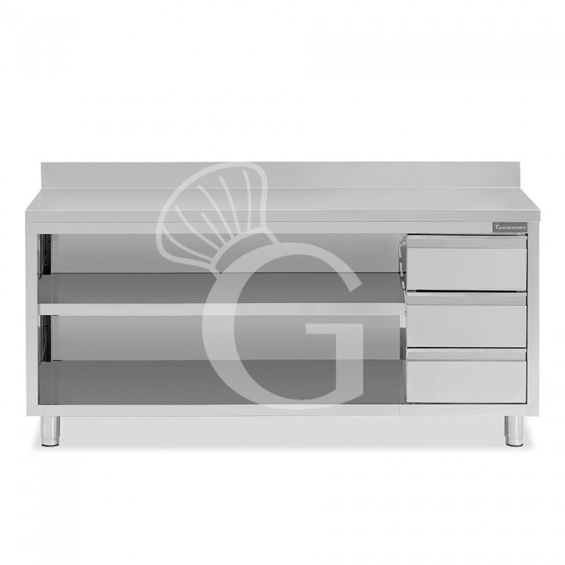Tavolo a giorno in acciaio inox,3 cassetti a destra, alzatina, L 2300 mm x P600 mm x H 950 mm Tavolo a giorno in acciaio inox,3 cassetti a destra, alzatina, L 2300 mm x P600 mm x H 950 mm