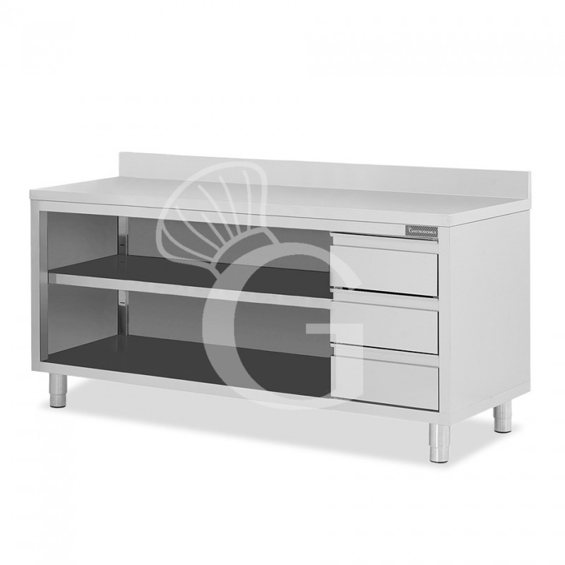 Tavolo a giorno in acciaio inox,3 cassetti a destra, alzatina, L 2300 mm x P 700 mm x H 950 mm