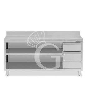 Tavolo a giorno in acciaio inox,3 cassetti a destra, alzatina, L 2300 mm x P 700 mm x H 950 mm