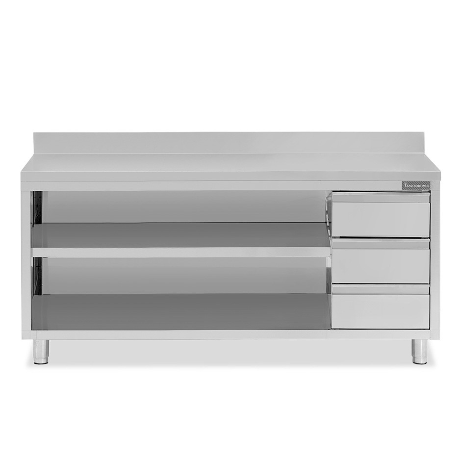 Tavolo a giorno in acciaio inox,3 cassetti a destra, alzatina, L 2300 mm x P 700 mm x H 950 mm
