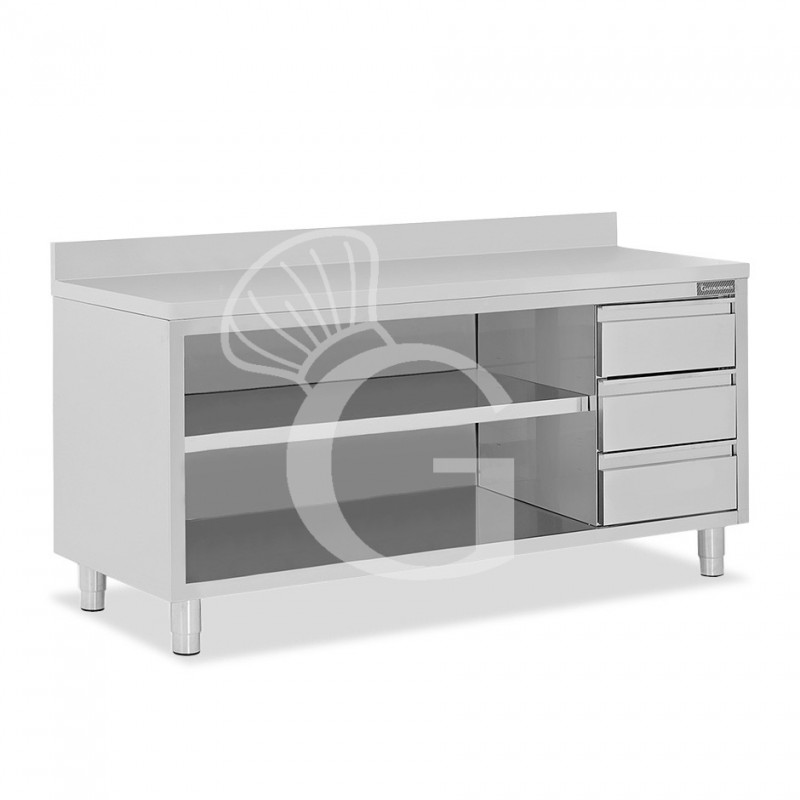 Tavolo a giorno in acciaio inox,3 cassetti a destra, alzatina, L 2400 mm x P600 mm x H 950 mm
